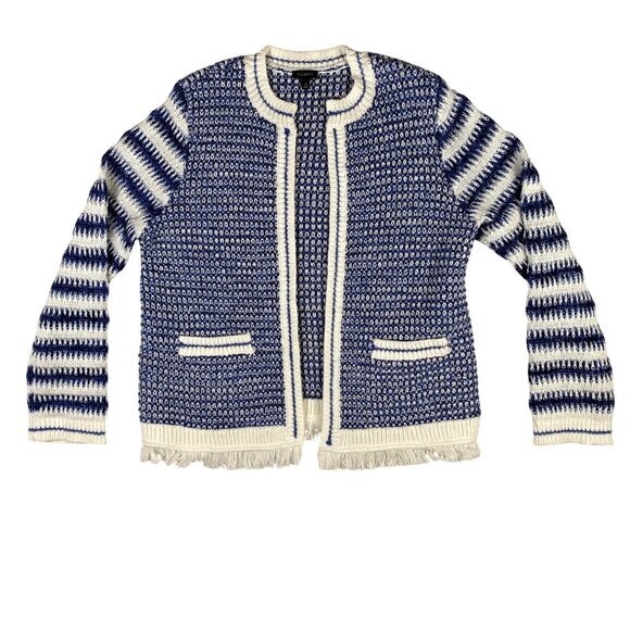 Talbots Womens Blue & Cream Striped Knit Cardigan Sweater With Fringe Hem Size M - Picture 1 of 8